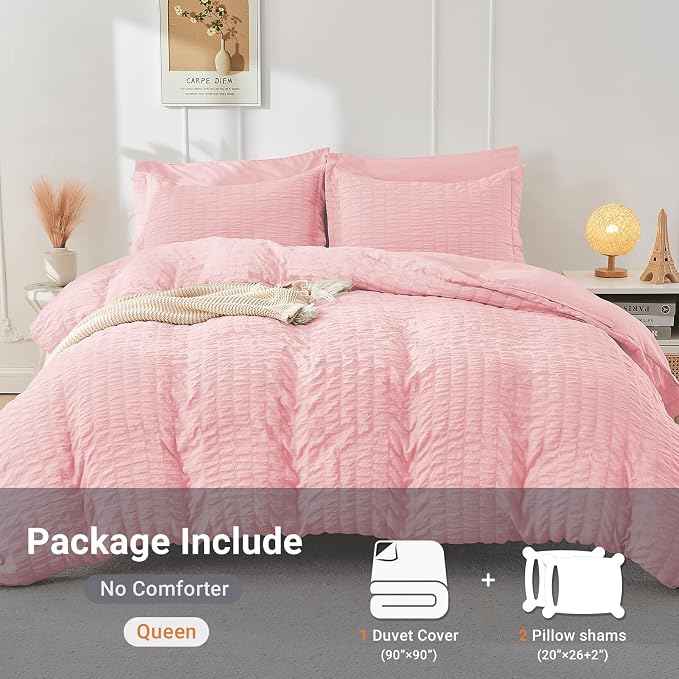 HYMOKEGE Pink Duvet Cover Full Size, Ultra Soft 3-Piece Seersucker Duvet Cover - Image 5
