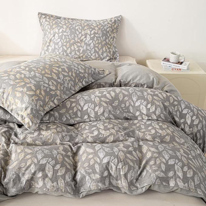 OAITE Grey Leaves Twin Size Duvet Cover-3 Pieces Prewashed Cotton-Like - Image 2