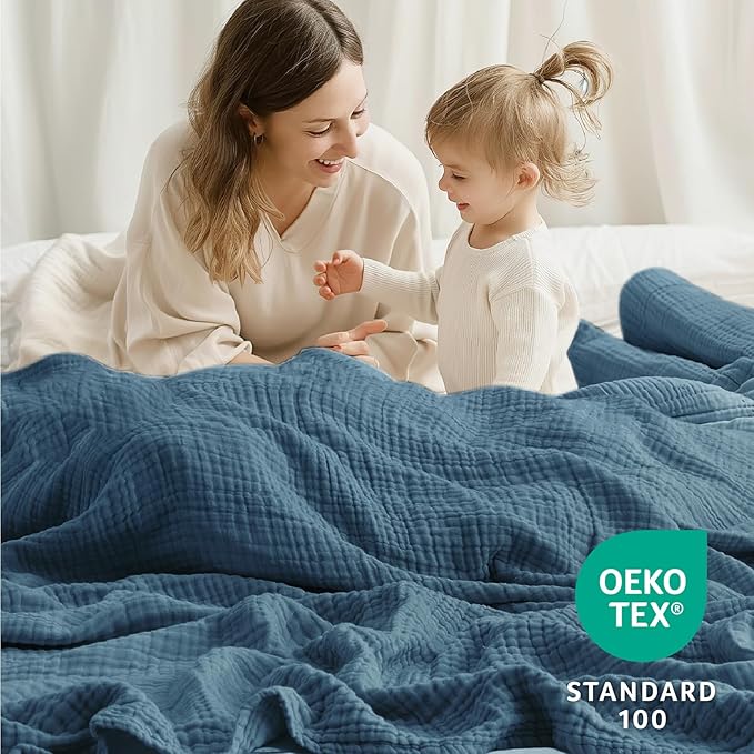 100% Cotton Light Blue Throw Blanket 50" x 70", 6 Layers Large Breathable and - Image 6