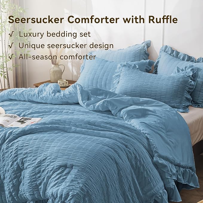 JOLLYVOGUE Full Size Comforter, 3 Pieces Sea Blue Seersucker Lightweight Full - Image 3