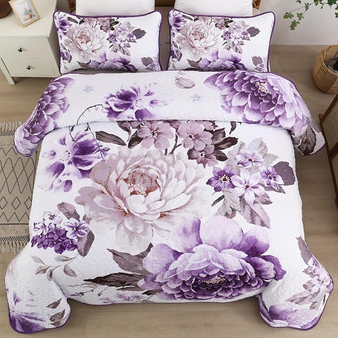 WONGS BEDDING Floral Quilt Set Purple Queen, Quilted Printed Lightweight - Image 2