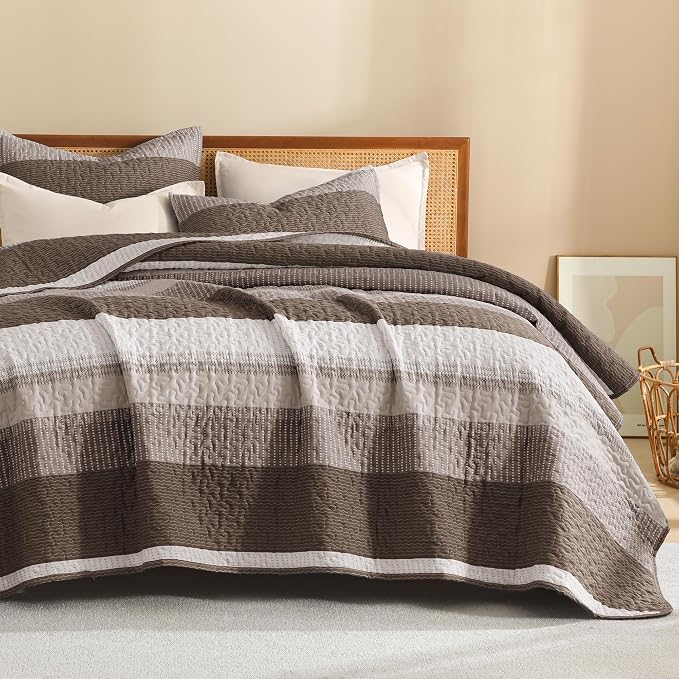 Litanika Oversized King Quilt Set Brown, 128x120 Stripe Bedspread Coverlet 3 - Image 8
