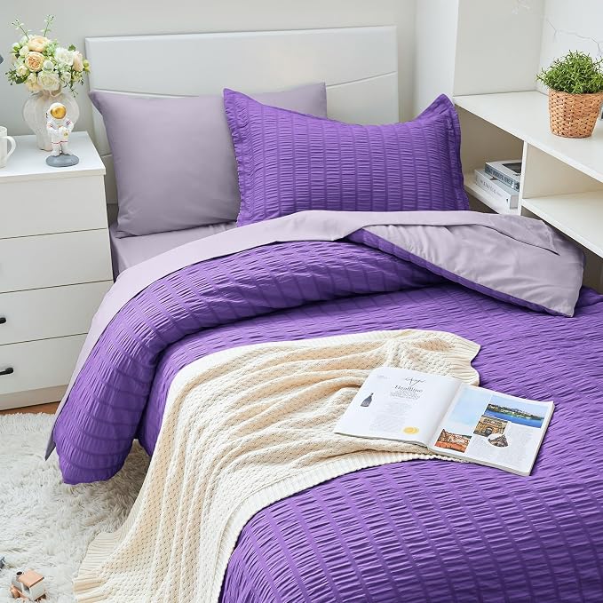 HYMOKEGE Dark Purple/Lavender Twin XL Comforter Set Seersucker 5 Pieces - Image 2