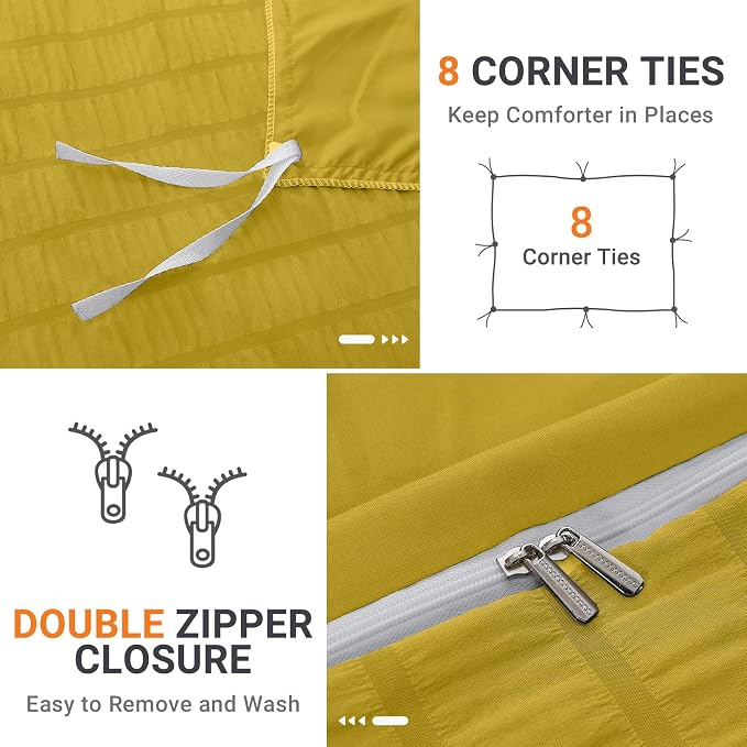 HYMOKEGE Mustard Yellow Duvet Cover King Size, Ultra Soft 3-Piece Seersucker - Image 4