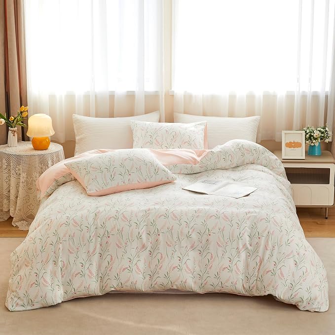 BOLINLIVING Pink Floral Duvet Cover Twin Size, Kids Girls Botanical Leaf Spring by BOLINLIVING