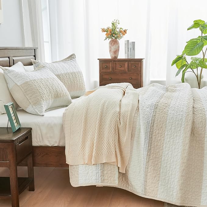 Andency California King Size Quilt Set Beige, 3 Pieces Beige Ultra Soft - Image 2