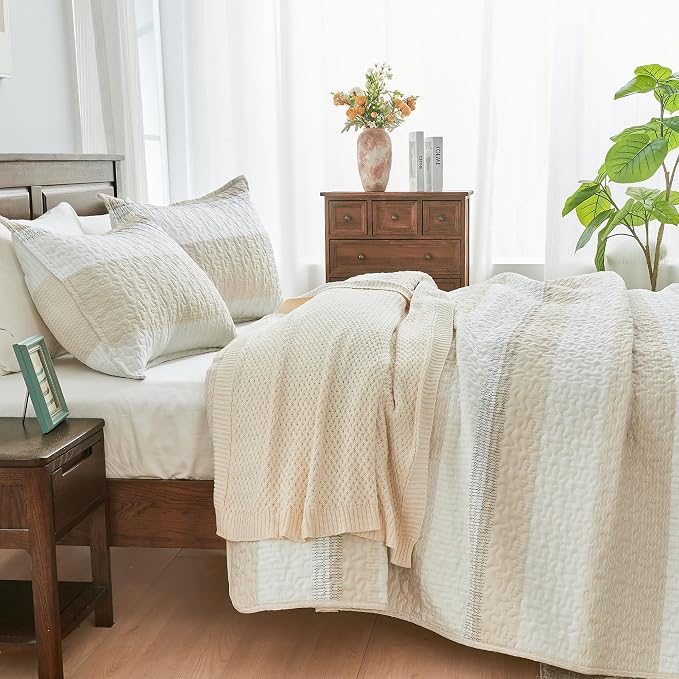 Andency King Size Quilt Set Beige, 3 Pieces Beige Ultra Soft Lightweight - Image 2