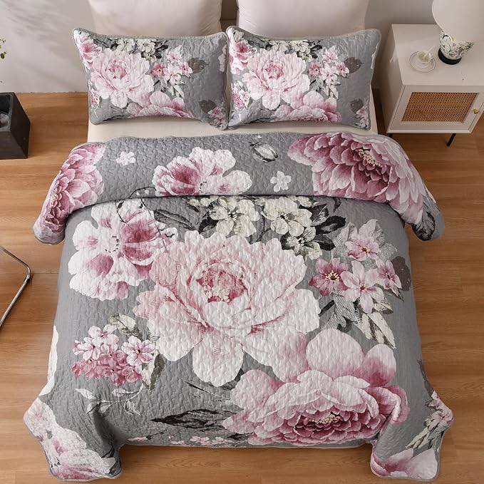 WONGS BEDDING Floral Quilt Set King, 3 Pieces Reversible Elegant Pink Flower - Image 2