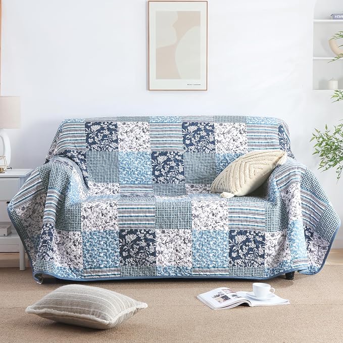 Mybedsoul Navy Blue Quilt Set King Size, 3 Pieces Plaid Floral Bedspread Set - Image 4