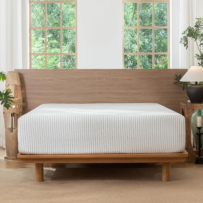 MooMee Stripes Fitted Bottom Sheet Only 100% Washed Cotton Linen Like Textured - Image 6
