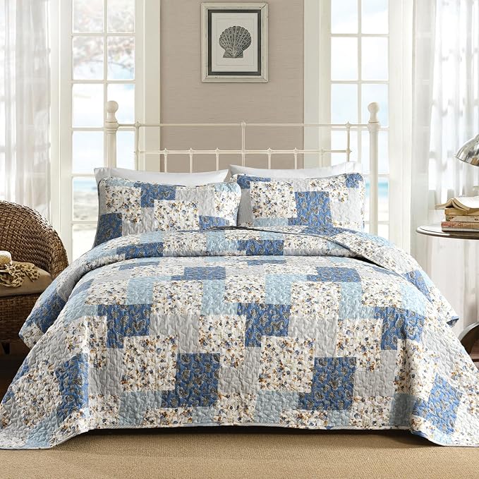 Mybedsoul Light Blue Quilt Set Queen Size, 3 Pieces Boho Plaid Floral Bedspread by Mybedsoul