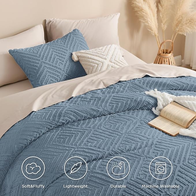 Andency Grayish Blue Comforter Set King Size, 3 Pieces Boho Bedding Set & - Image 4