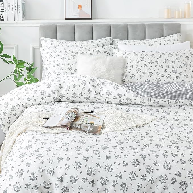 FADFAY Twin Size Duvet Cover Set 100% Cotton Grey White Floral Comforter Cover - Image 9