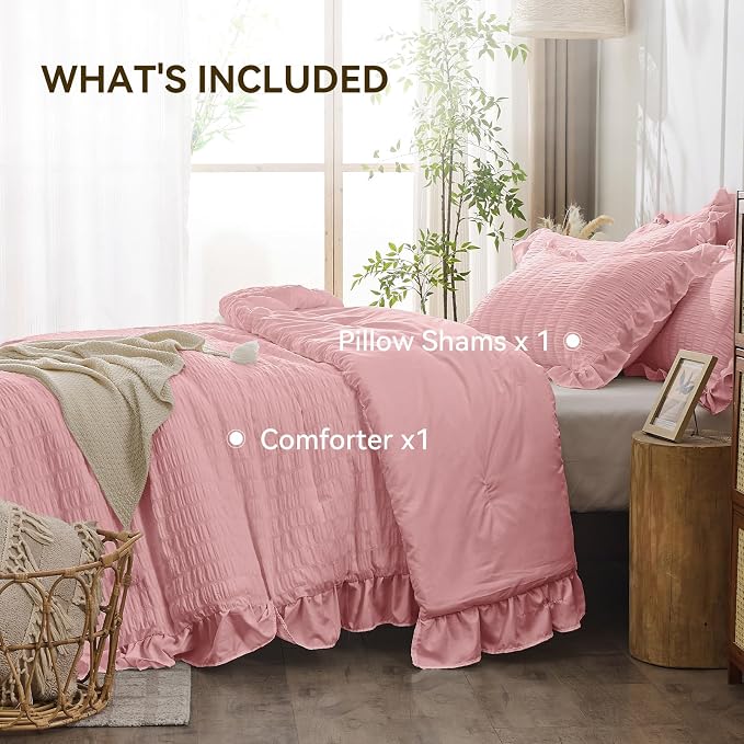 JOLLYVOGUE Pink Twin Size Comforter Set, 2 Pieces Seersucker Lightweight Fluffy - Image 5