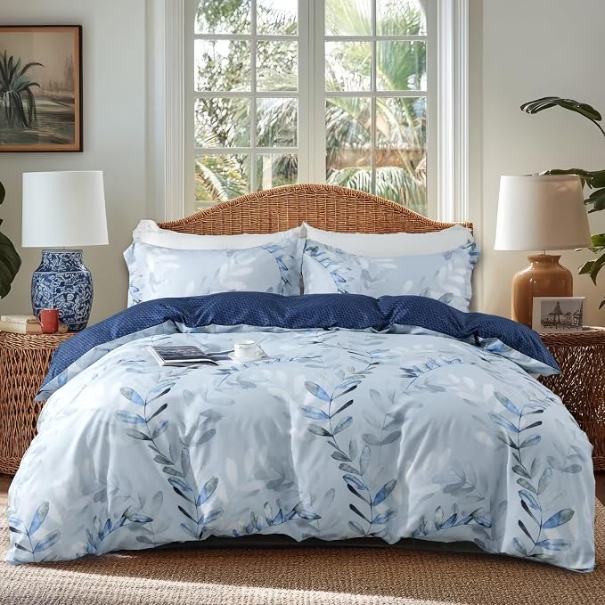 OAITE Duvet Cover King Size, Reversible Leaf Blue Duvet Cover Set by OAITE
