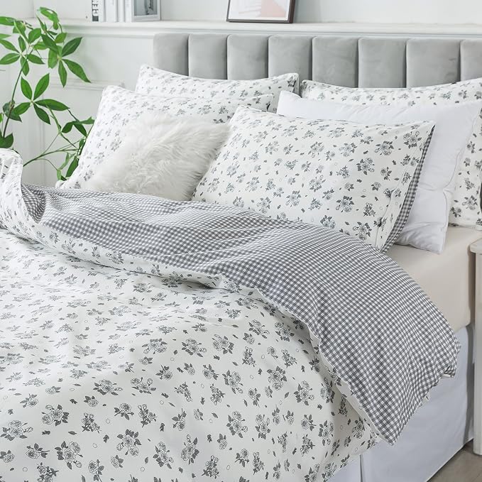 FADFAY Floral Duvet Cover Set Queen Size 100% Cotton Grey White Flower - Image 8