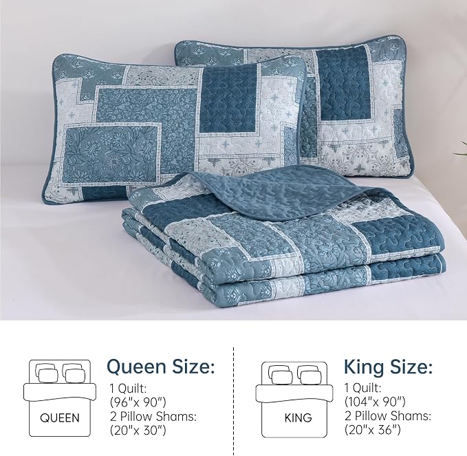 Xruibed Blue Boho Quilt Set Queen Size, 3 Pieces Plaid Floral Bedspread - Image 9