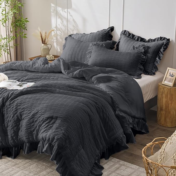 JOLLYVOGUE Dark Gray Queen Comforter Set, 3 Pieces Seersucker Bedding Comforter - Image 2