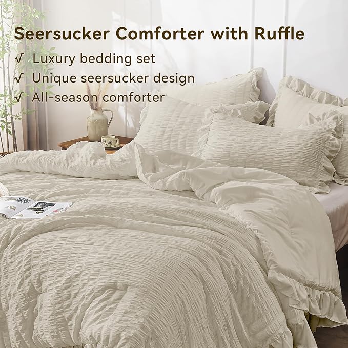 JOLLYVOGUE Queen Comforter Set, 3 Pieces Oatmeal Seersucker Comforters Queen - Image 3