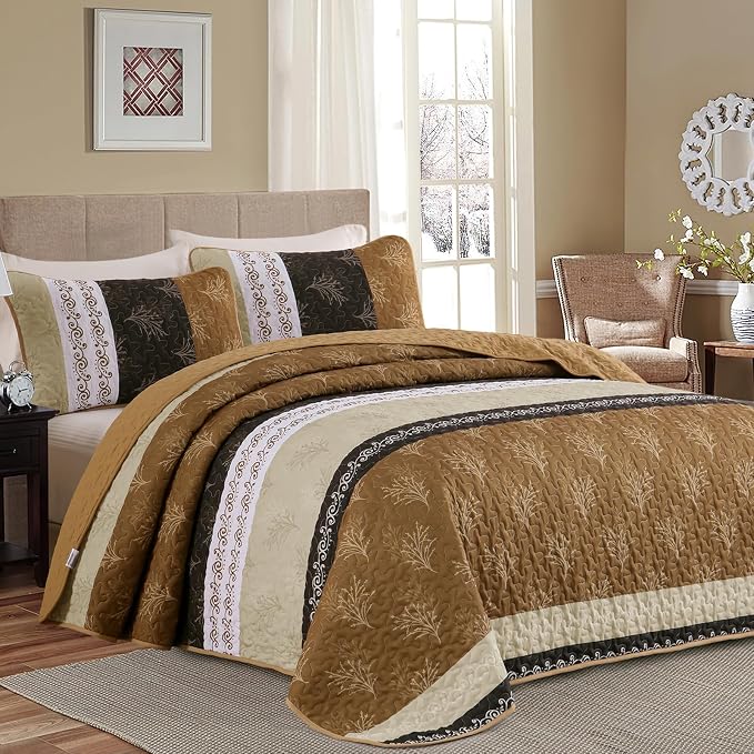 DJY Brown Quilt Set King Size Striped Bedspread Coverlet Set 3 Pieces Boho by HOME