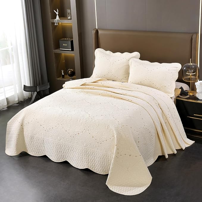 ROOMLIFE Quilt Set King Size 3D Floral Embroidery Pattern 3-Piece Cotton - Image 5