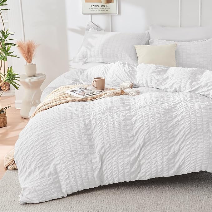 HYMOKEGE White Twin Size Duvet Cover, Ultra Soft 2-Piece Seersucker Duvet Cover by HYMOKEGE