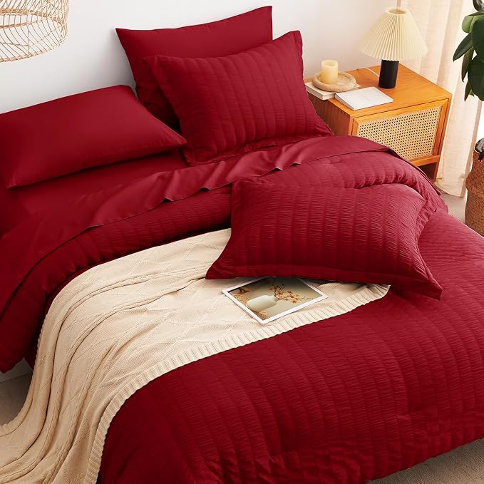 CozyLux Queen Comforter Set Dark Red Seersucker 7 Pieces Bed in a Bag Queen - Image 9