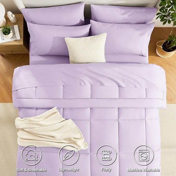 CozyLux Queen Comforter Set Lavender, 7 Pieces Bed in a Bag, Light Purple - Image 2