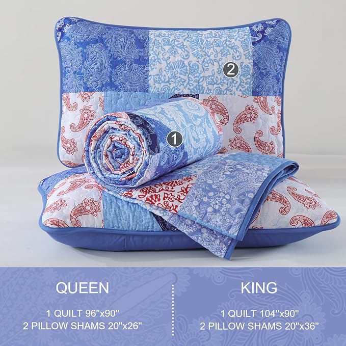 Mybedsoul Blue Patchwork Queen Size Quilt, Cozy Boho Floral Spring Bedspreads - Image 7