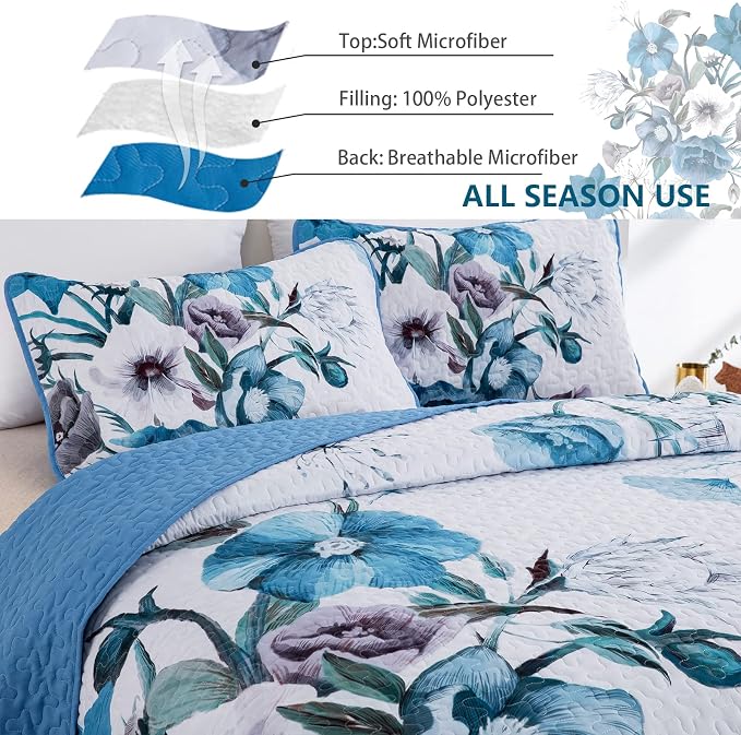 Floral Quilt Set King 3 Pieces Boho Blue Floral Quilt Coverlet Set Soft - Image 4