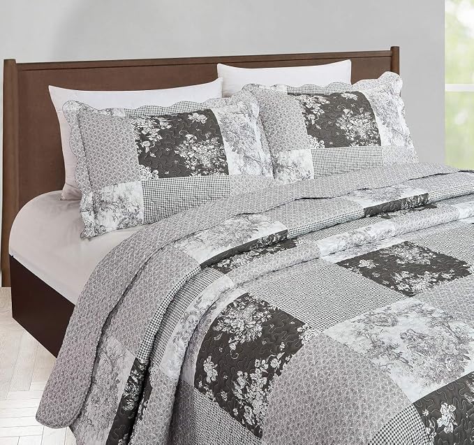 Brilliant Sunshine Grey Toile Floral Patchwork, 3-Piece Quilt Set - Image 3