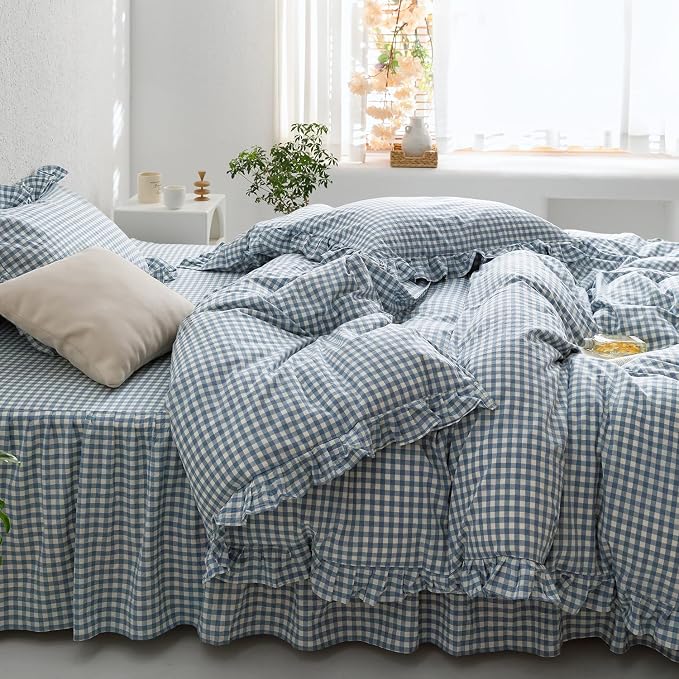 mixinni Blue White Gingham Ruffle Duvet Cover Full Size 3 Pieces – 100% Washed - Image 4