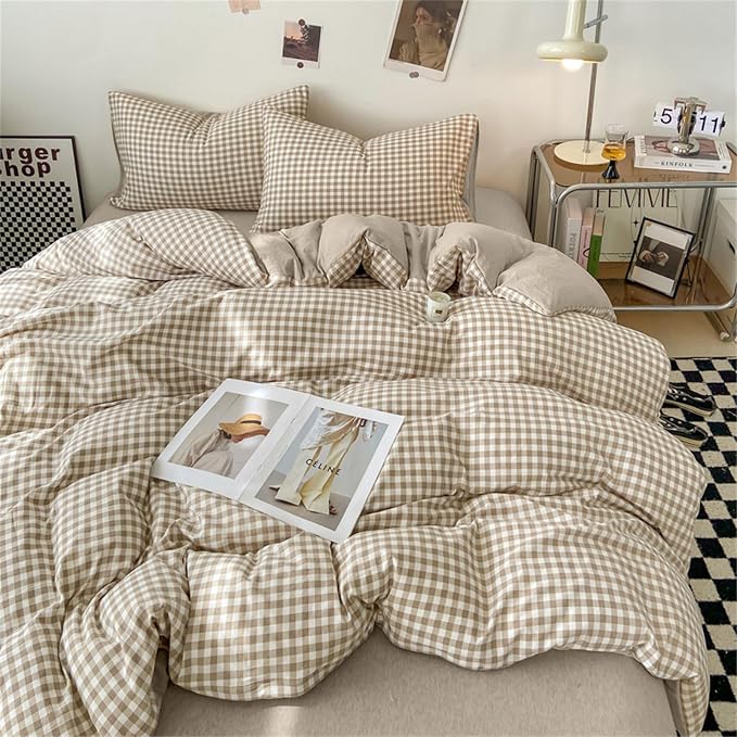 Nayoroom Gingham Duvet Cover Full Size Brown Tan Plaid Checkered Comforter - Image 2