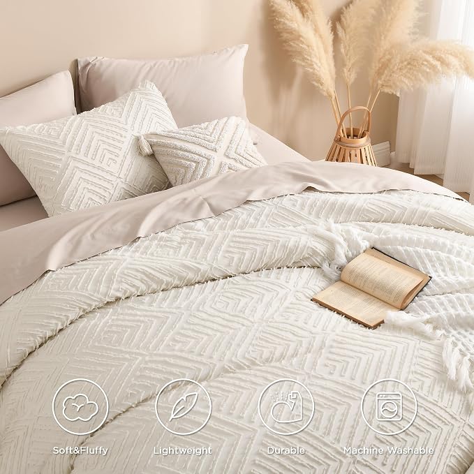 Andency Beige Boho Full Size Comforter Set, 3 Pieces Chevron Tufted Farmhouse - Image 4