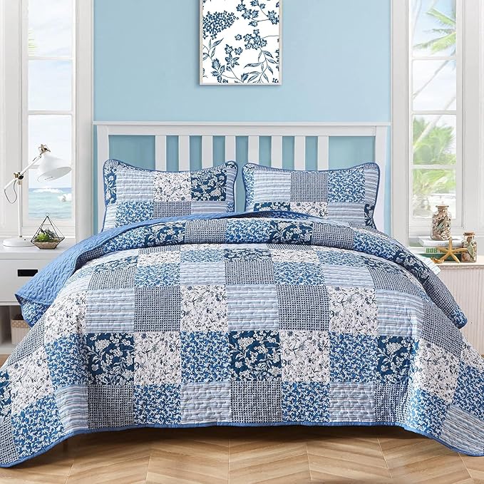 Mybedsoul Blue Quilt Set Twin Size, 2 Pieces Plaid Floral Bedspread Set by Mybedsoul