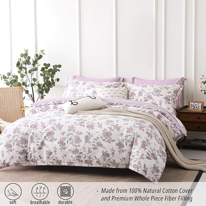 LEMIROE Pink Floral Cotton Comforter Queen Size 3PC - Image 2