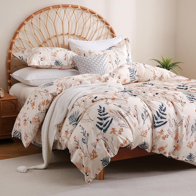 JSD Fall Floral Duvet Cover Set Queen Size, 3 Piece Boho Ferns Printed by JSD