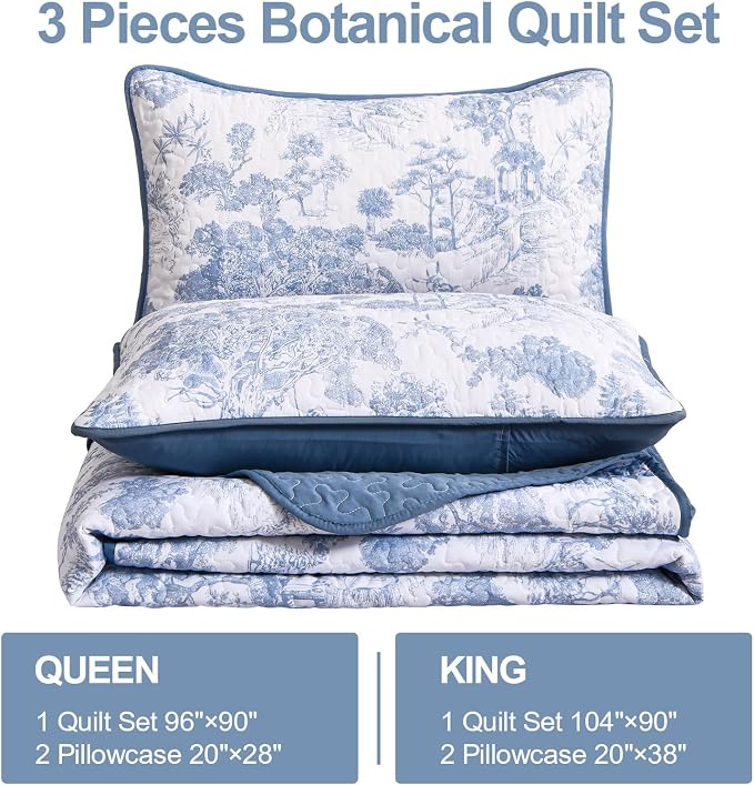 WONGS BEDDING Blue Quilt Set Twin Size, 2 Pieces Botanical Bedspreads Set - Image 4