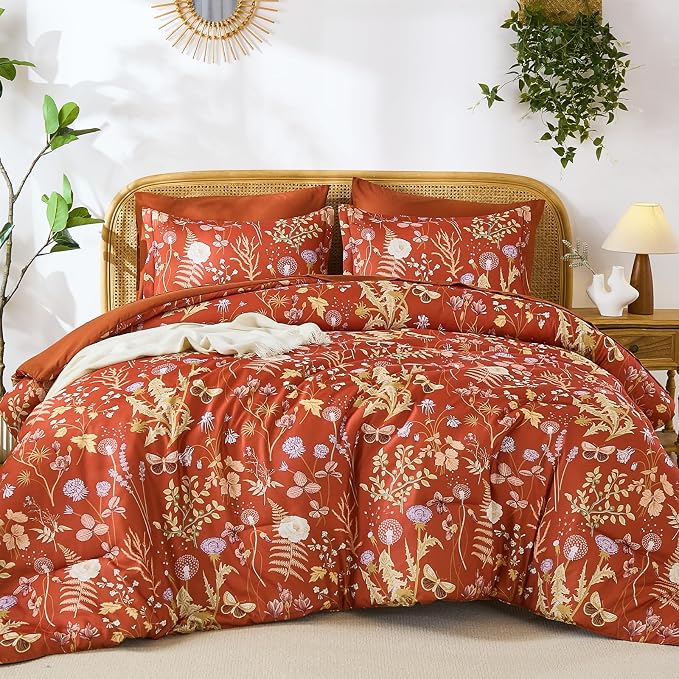 Yiran King Size Comforter Set 7 Piece, Burnt Orange Floral Bedding Set - Image 7