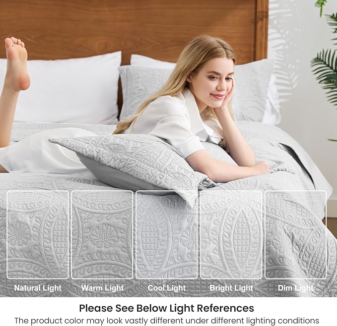 Love's cabin Oversized King Size Quilt Bedding Set Light Grey Bedspreads - Image 6