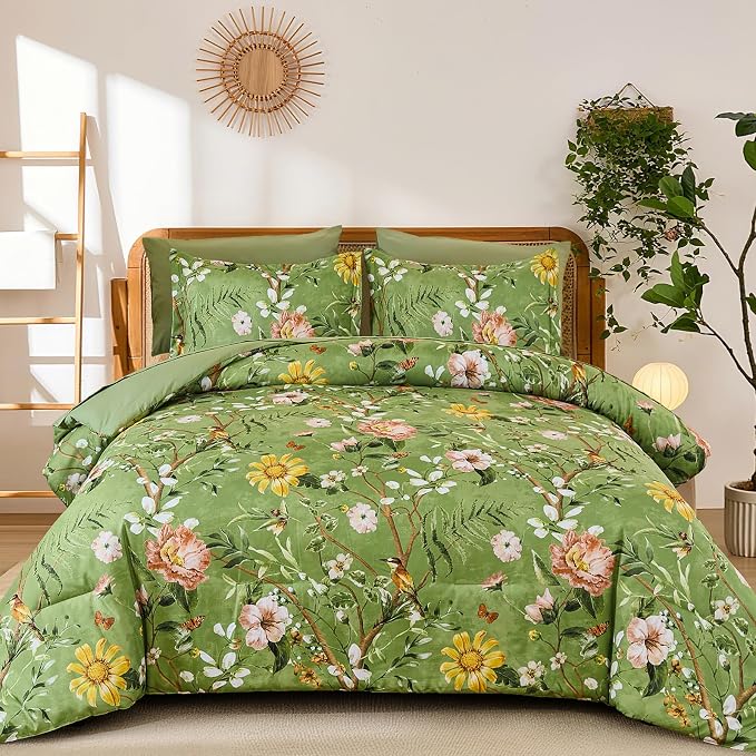 Yiran Sage Green Hibiscus Floral Comforter Set Queen Size, 7 Piece Bird Flowers by Yiran