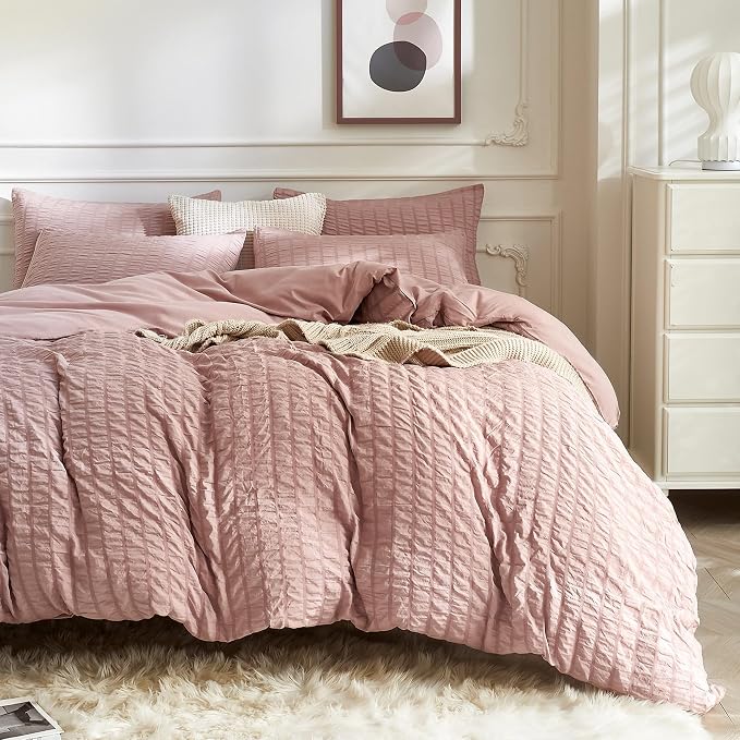 JELLYMONI Smokey Pink Duvet Cover Twin Size, Soft Breathable Seersucker Duvet by JELLYMONI