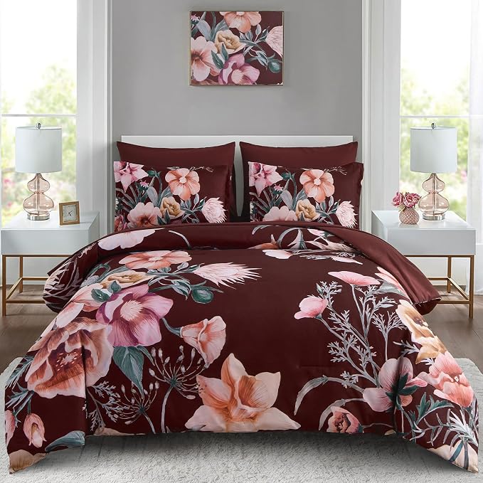 Luxudecor Burgundy Floral Comforter Set Queen Size 7 Piece, Flower Bed in a Bag by Luxudecor