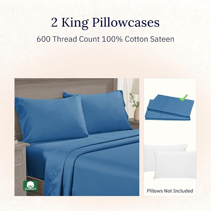 King Size Pillows Cases Set of 2-600 Thread Count Sateen, Natural 100% Cotton - Image 4