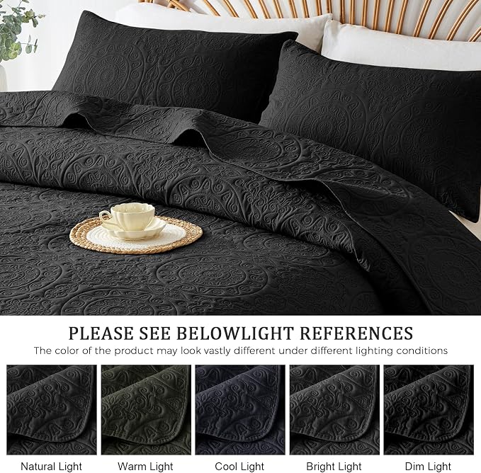 WURUIBO Black Quilt Set King/Cal King Size, Embossing Microfiber Bedspreads - Image 6