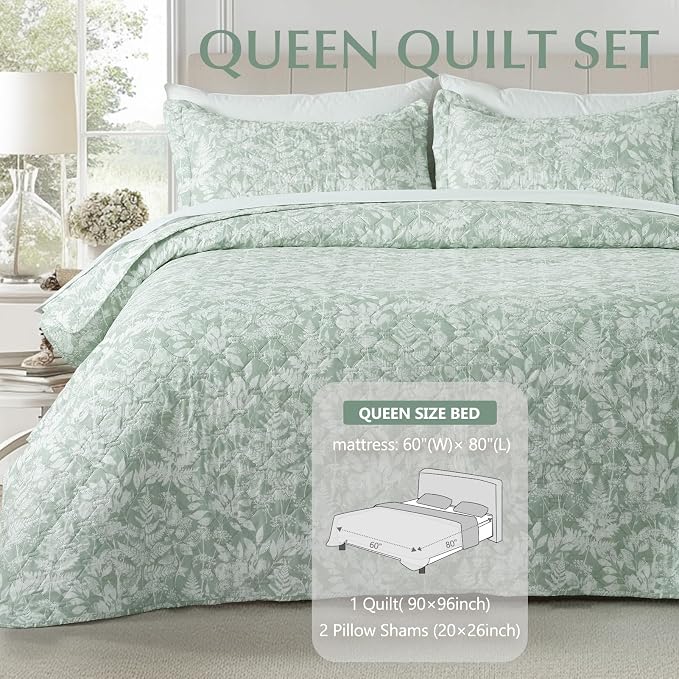 GOONE XL Queen Quilt Set 90x96 Inches, Sage Green Leaf Botanical Boho Bedspread - Image 2