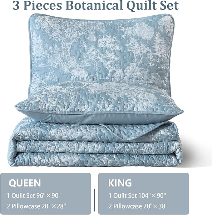 WONGS BEDDING Botanical Quilt Set Queen Size, Aqua 3 Pieces Toile Floral Plants - Image 7