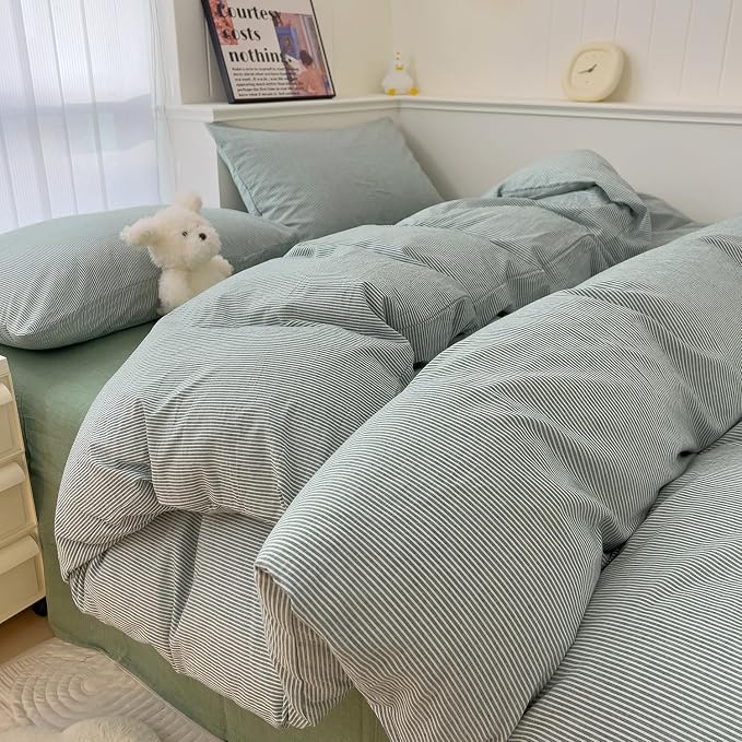 mixinni Green Striped Duvet Cover Twin Size by mixinni