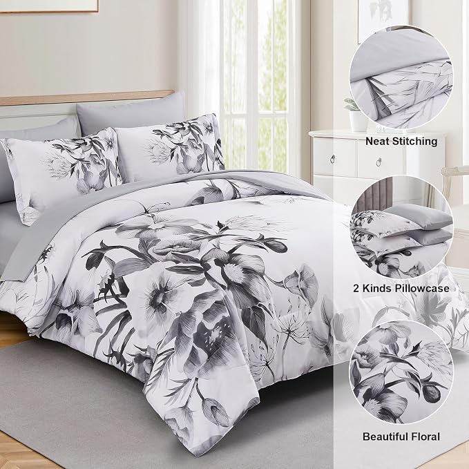 Luxudecor Floral Comforter Set Twin Size 5 Piece, Elegant Ink Comforter Bedding - Image 6