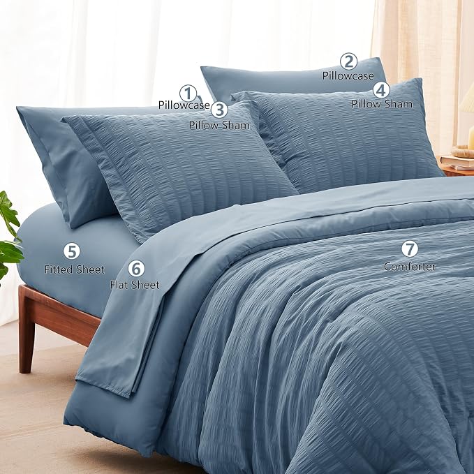 CozyLux Oversized Queen Comforter Set Grayish Blue Seersucker 7 Pieces 98x98 - Image 8